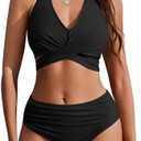 AI'MAGE Womens High Waisted Bikini Sets Tummy Control Bathing Suits Halter Two Piece Swimsuit Modest Bikini 2025, S