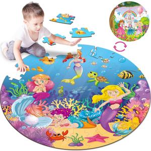 71Pcs Floor Puzzles for Kids Ages 3-5 Jigsaw Puzzles for Girls Princess Mermaid Double Sided Puzzle for Kids Castle Princess Xmas Party Supplies Mermaid Toys Educational Toys