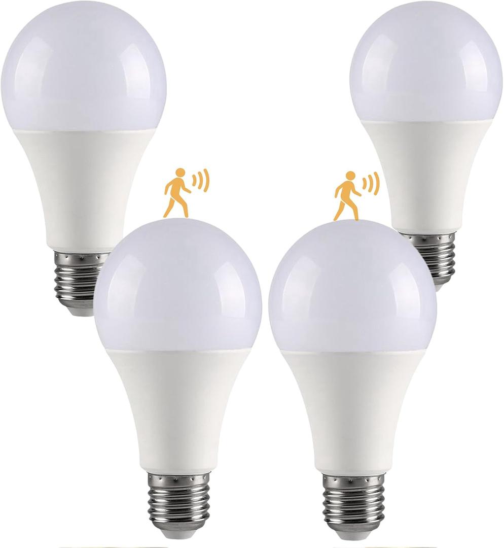 GEPLAD 4-Pack Outdoor Motion Sensor LED Light Bulbs, 12W Dusk to Dawn Bulb, 3000K Soft White 1200LM, A19 E26 Glass-Penetrating Sensor, Upward/Downward Mounting,Perfect for Porch, Garage, Entryway