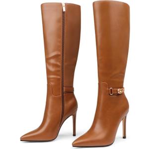 COLETER Women's Knee High Boots Pointed Toe Stiletto Buckle Dress Boots Zipper Heeled Boots Matte Brown 6.5US