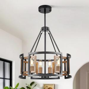 4-Light Drum Chandelier for Dining Room，15.7" Rustic Farmhouse Dining Room Light Fixture，Wood Grain and Vintage Black Metal Chandeliers for Kitchen Entryway Living Room