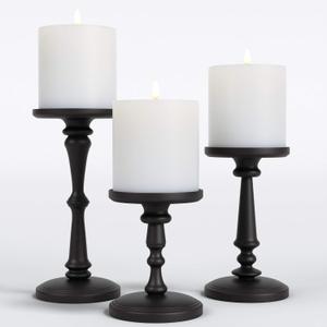 Matte Black Candle Holders Set of 3  Metal Candle Holders for Pillar Candles & LED Flameless Candles  6, 8 & 10 Inch Tall  Decorative for Table, Fireplace & More  Pillar Candles Holders Sets of 3