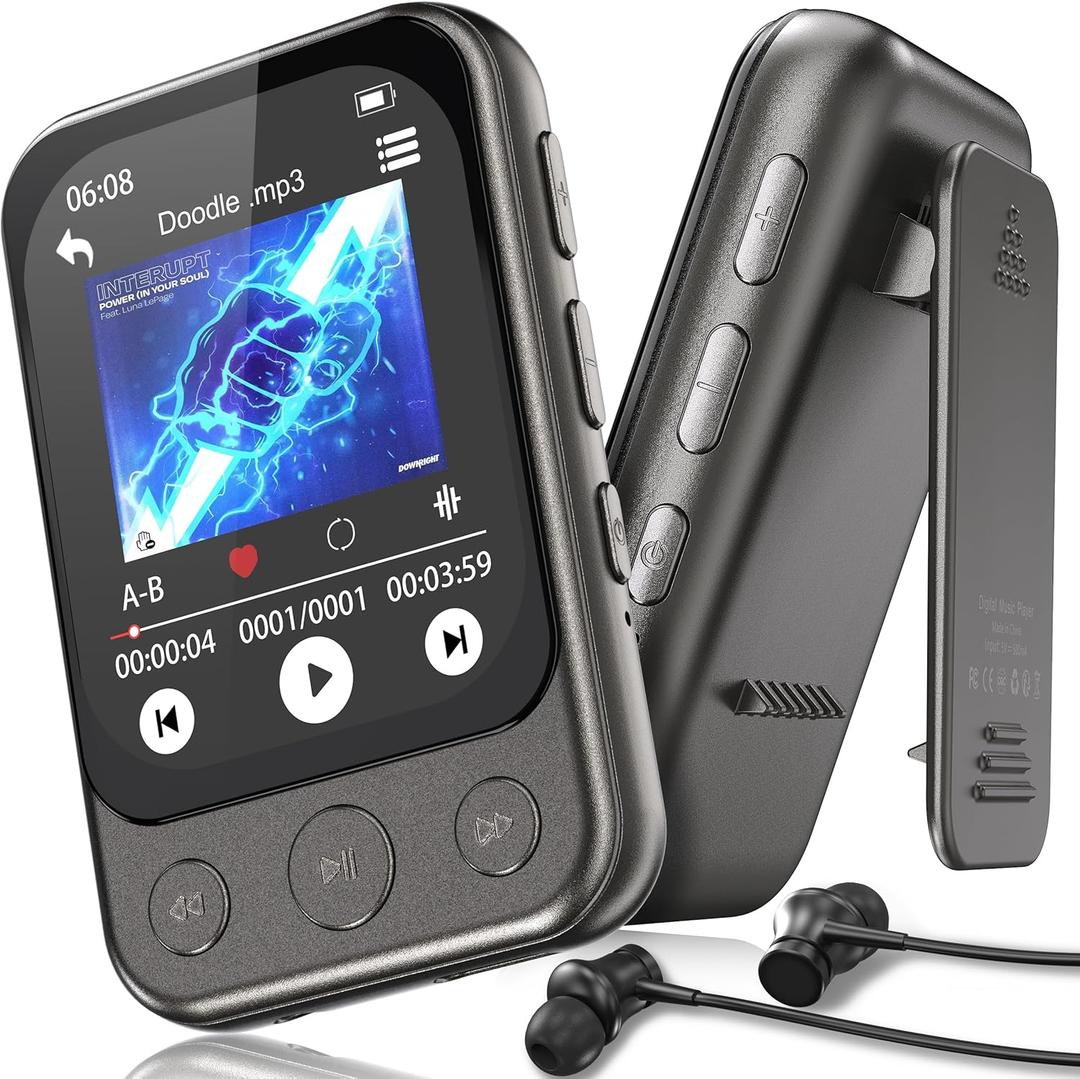 64GB Clip on MP3 Player with Bluetooth 5.3, Built-in Speaker, 2" HD Touchscreen, FM Radio, Voice Recorder, Portable Music Player for Running, Gym, Shuffle Audio Video, Up to 128GB MicroSD Card (Gunmetal Grey)