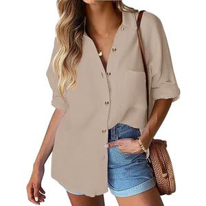 HOTOUCH Womens Linen Button Down Shirt Casual Long Sleeve Cotton Blouse Loose Fit Collared Work Gauze Tops with Pocket M