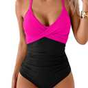 B2prity Women's One Piece Swimsuits Tummy Control Front Cross Bathing Suits Tie Back Slimming V Neck Swimwear.M