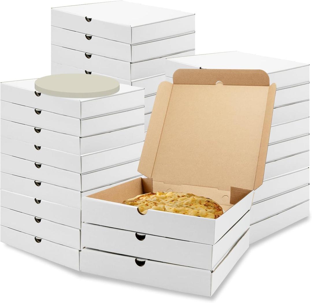 40 Pack Pizza Boxes with Paper Liner, White Cardboard Mini Pizza Box Corrugated Take out Food Containers for Party, Cookies, Cake, Wedding, Restaurant, 10 x 10 x 1.5 Inch