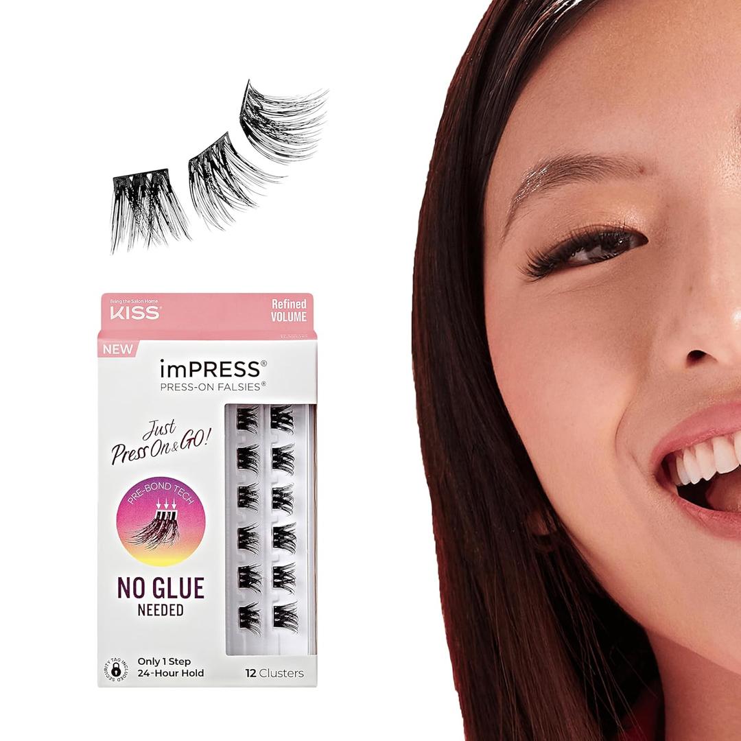 KISS imPRESS Falsies Press On Self Adhesive Eyelashes, 10mm-12mm Glam Volume Press On Lashes, Black, No Glue Needed, Invisible Band, 12 Lash Clusters - Refined (1 pair (Pack of 1))