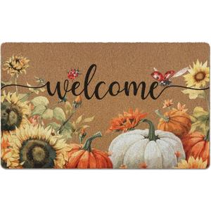 Fall Pumpkin Welcome Door Mat, Autumn Thanksgiving Welcome Front Door Mat Indoor Outdoor Entrance, Fall Pumpkin Sunflower Artificial Coir Doormats Rugs for Porch Entryway Decor 30x17in