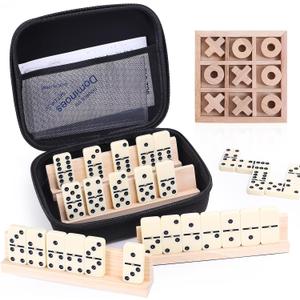 Dominoes and Tic Tac Toe Game Set, 28 Tiles Dominos with 4 Wooden Racks, Wood Tic Tac Toe Classic Board Games, Portable Travel Game with Carrying Case