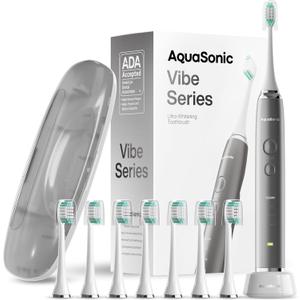 Aquasonic Vibe Series Ultra-Whitening Toothbrush  ADA Accepted Electric Toothbrush - 8 Brush Heads & Travel Case  40,000 VPM Motor & Wireless Charging - 4 Modes w Smart Timer  Charcoal Metallic