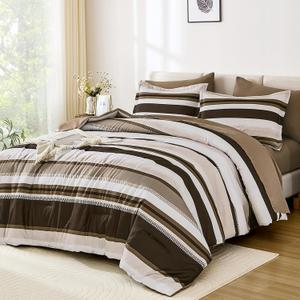 WONGS BEDDING King Size Comforter 7 Pieces, Brown King Comforter Set with Sheets, Striped Bed in a Bag Boho Lightweight Bedding Set for All Seaon (104"90")