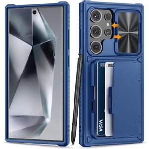 BXYJY for Samsung Galaxy S24 Ultra Wallet Case, Built-in Card Holder (Store 4-5 Cards) & Kickstand & Slide Camera Cover, Military Grade Protection, Rugged Silicone Case for Galaxy S24 Ultra 2024, Blue