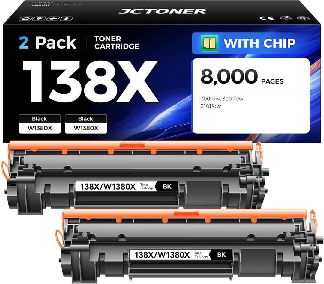 138X Toner Cartridge Black 2-Pack with chip Replacement for HP 138A W1380A 138X W1380X Compatible with HP LaserJet Pro 3001dw 3001fdw MFP 3101fdw Printer Ink 3001dwe 3001fdwe 3101fdwe All-in-One