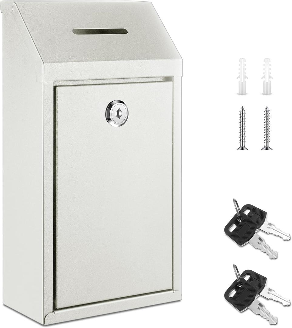 Yaocom Metal Money Donation Cash Box Collection Safe Suggestion Box with Lock Wall Mounted Mailbox Delivery Ballot Container for Home Office Outdoor Farmstand(White,10.24 x 5.71 x 2.95 Inch)