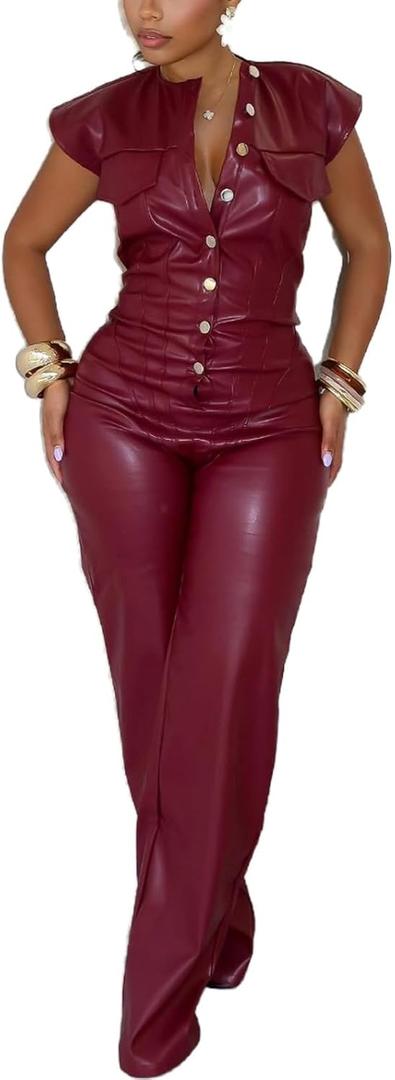 Molilove Womens Leather Jumpsuit Sexy Sleeveless Button Top Bodycon Jumpsuit Faux Leather Cargo Pants Romper Party Clubwear (Small, Wine)