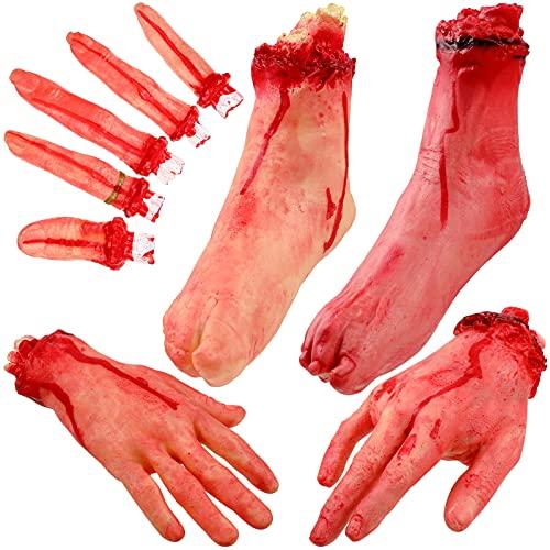 Sumind 9 Pcs Halloween Severed Hands Feet Decorations Set Bloody Broken Body Parts Halloween Props Scary Fake Foot Fingers Arm Dead Body Parts for Haunted House Halloween Party Decorations