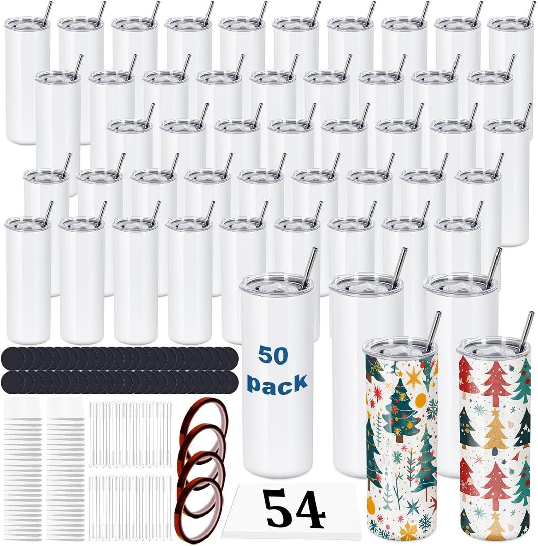 50 Pack 20 OZ Sublimation Tumblers Bulk, Skinny Straight White Sublimation Cups, Stainless Steel Double Wall Insulated Tumbler for Heat Transfer, Individually Boxed