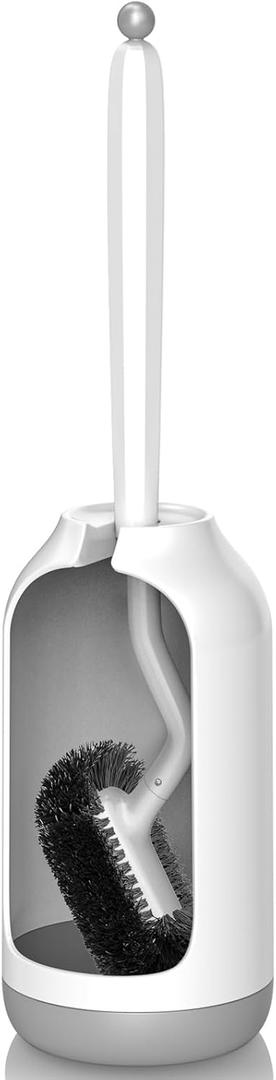 HAMITOR Toilet Bowl Brush Holder Set: Bathroom Deep Cleaning Toilet Cleaner Scrubber Under Rim with Curved Bristle for Dead Corner Clean - Hidden Rv Toilet Decorative Accessories with Caddy- White (1 pack)