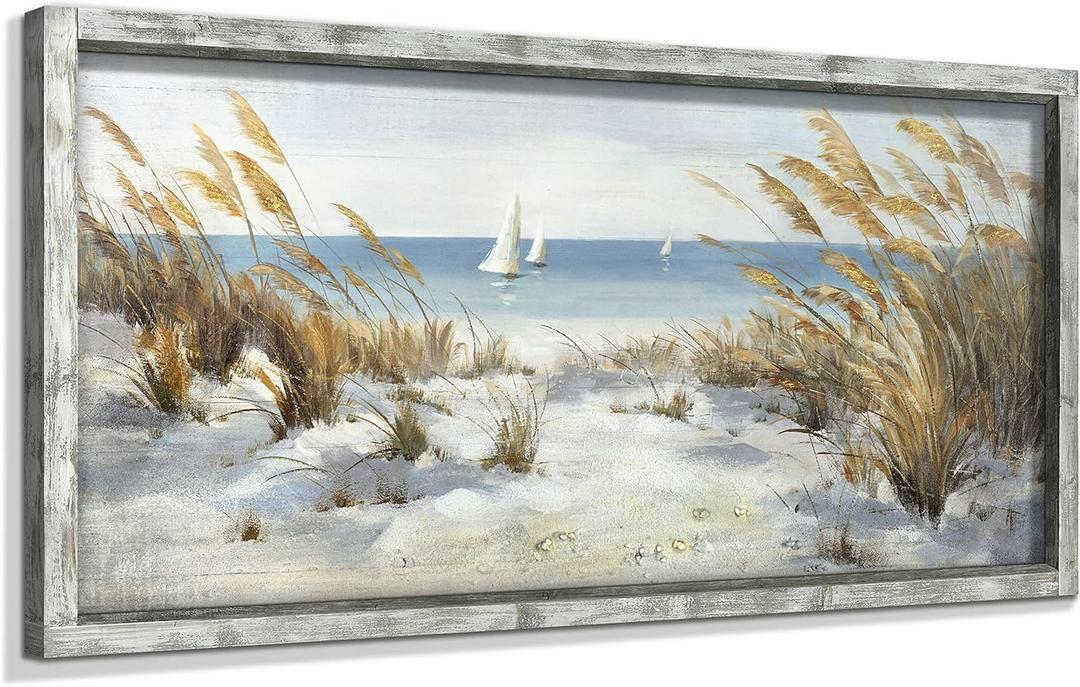 Beach Framed Wooden Wall Art: Coastal Oil Painting Style 40"x20" Ocean Pictures Seascape Art Prints Sand Dunes & Sailboat Artwork for Office