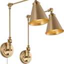 WINGBO Farmhouse Swing Arm Wall Sconce Set of 2, Industrial Adjustable Wall Lamp Light Fixture for Living Room Bedroom Vanity Study Desk Office, Plug in or Hardwired, Brass