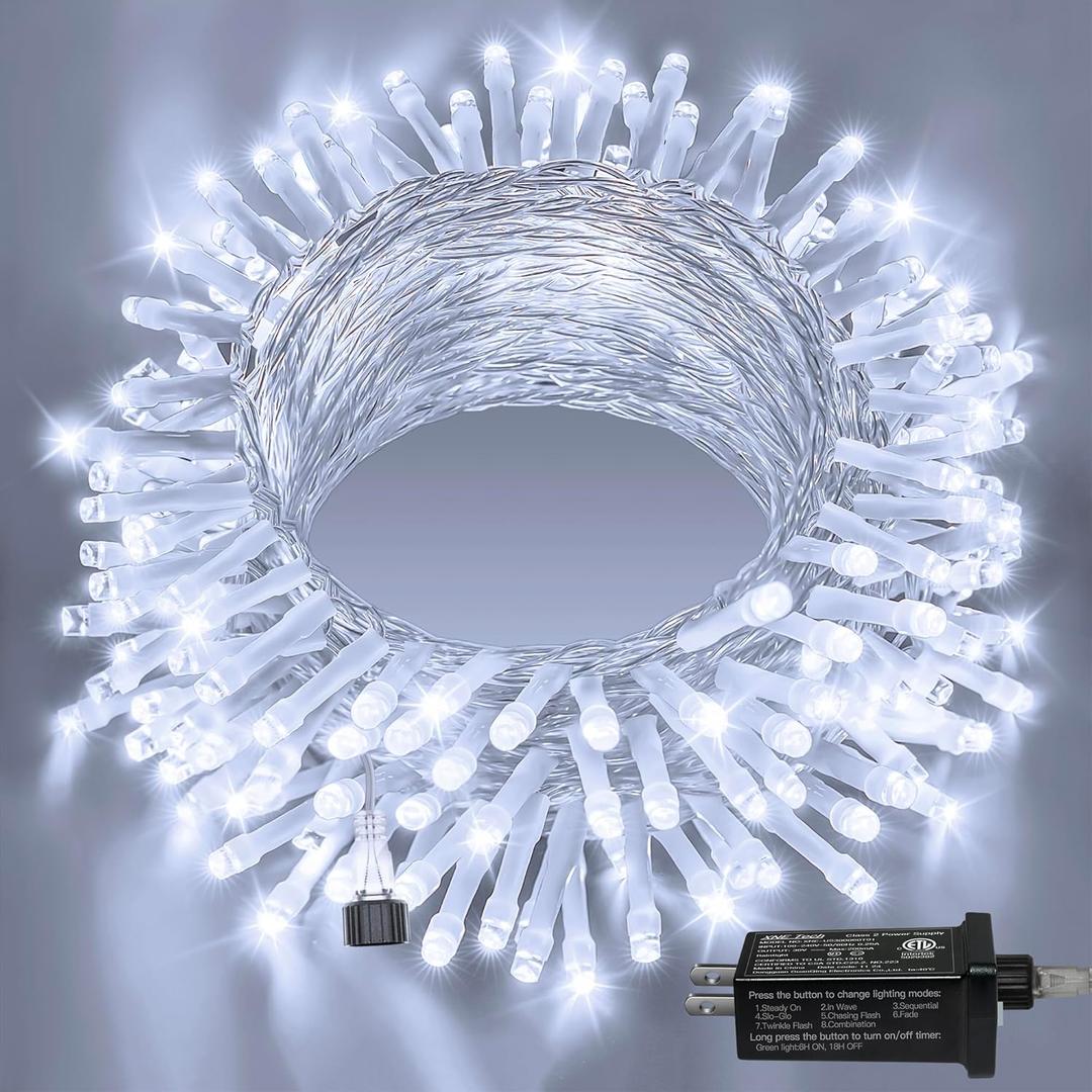 Ollny 120LED 40FT String Lights, Cool White Plug in Fairy Lights with Timer 8 Modes, Waterproof Connectable Indoor Light for Bedroom Wedding Classroom Outdoor Holiday Party Decorations