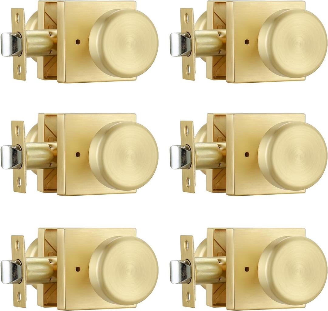 6 Pack Brushed Gold Door Knob with Square Rosette, Heavy Duty Door Knob with Lock, Interior Door Handles for Bath & Bed,