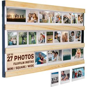 Tapeera Wood Multi Photo Collage Frame For Wall Compatible with Fujifilm Instax Mini Film, Instax Wide & Square - Up to 27 Photos - 3-Tier Rail Mini Picture Frame - Not Compatible with Polaroid Film, Instax mini / 2x3