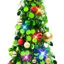 N&T NIETING Pop Up Christmas Tree with Lights, Collapsible Tinsel Xmas Tree Decorations, Pencil Christmas Tree Skinny Tree for Holiday Xmas Home Office Decor, 25 Balls, 3Ft, Silver