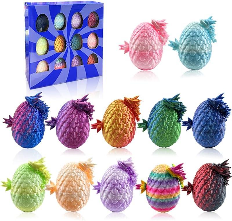 12PCS 3D Printed Dragon Eggs with Mini Dragons Inside, Articulated Crystal Eggs Set, Cool Desk Decor Gifts for Kids Teens Adults, Fantasy Collectibles Easter Basket