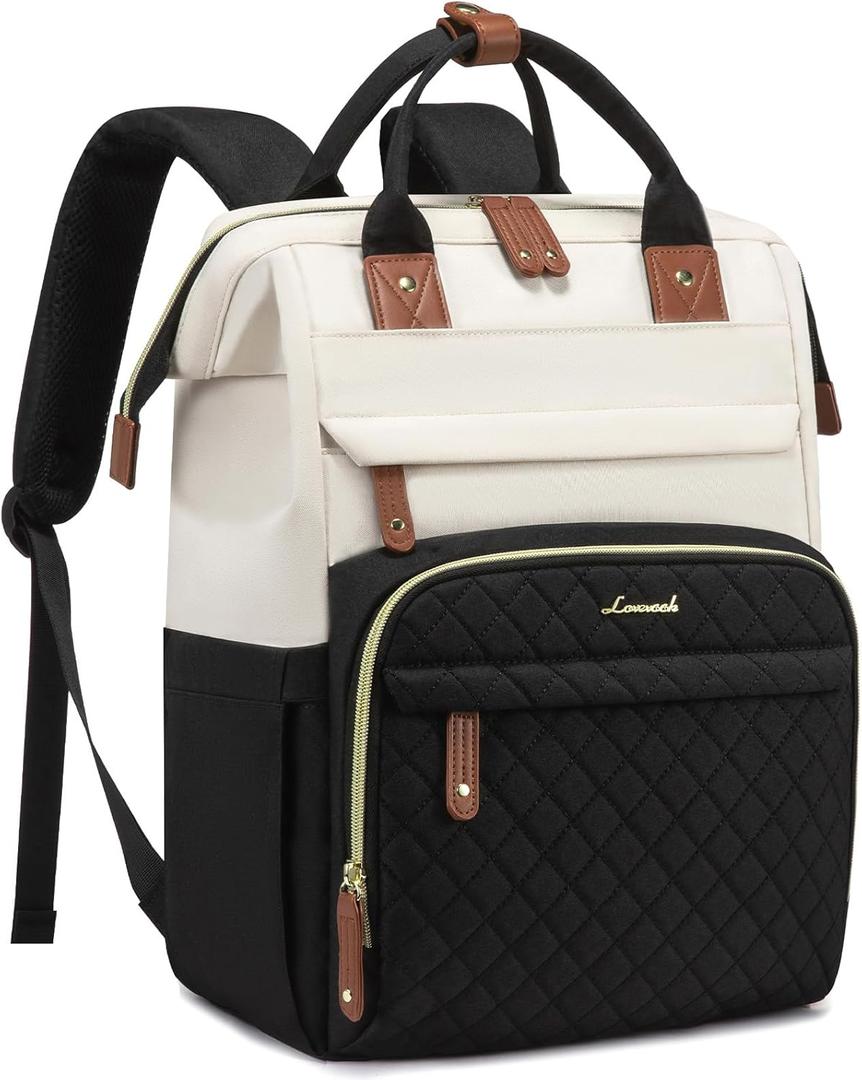 LOVEVOOK Laptop Backpack for Women, 15.6'' Waterproof Nurse Bag Teacher Work Backpack Purse for Women, Travel Computer Backpack for College Office Business Ladies (Cream-black)