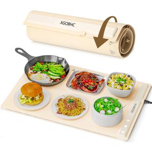 Food Warming Mat for Buffet - XGOBHC Fast Heating Silicone Electric Warming Tray with 3 Level Temperature, Roll Up Food Warmer Pad for Parties Buffets and Home Use, Auto Shut-Off, Beige