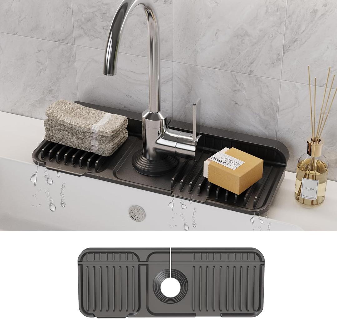 WAFT YEARN 14X5 Inch Silicone Durable Faucet Mat Kitchen Sink Splash Guard Draining Protector Tray Liner Absorbent Protective Counter Accessories For Sink Kitchen Bathroom Laundry Room Bar & RV Black