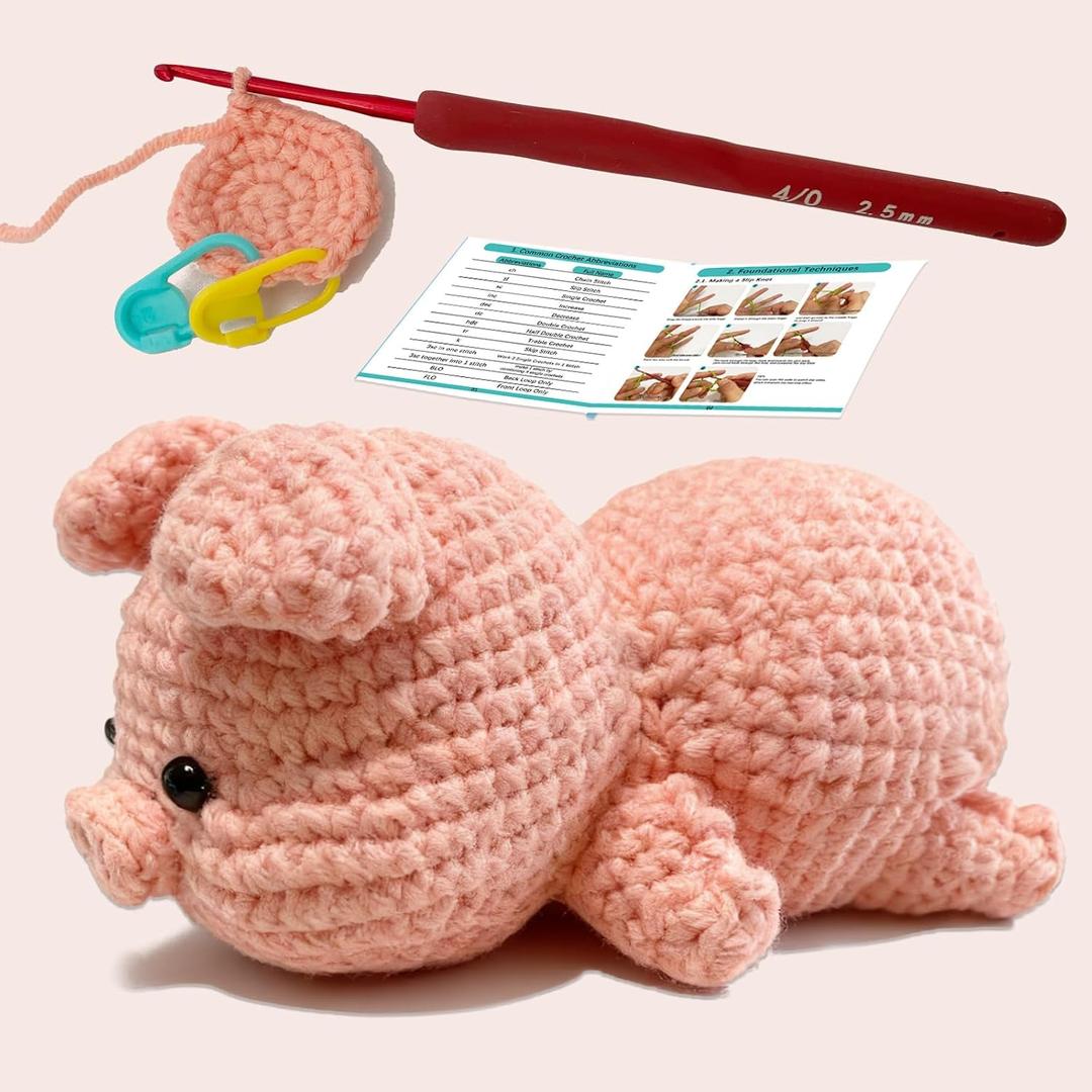 JueRum Pig Beginner Crochet Kits for Adult,Amigurumi Crochet Kit with Step-by-Step Video Tutorials, Learn to Crochet Pig Animals Knitting Kit for Adult