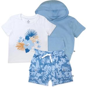 3 Piece Short Sleeve Top, Short and Hoodie Set for Infant Baby Boys, Girls, Unisex (6-9 Months, Tropic Shadow Chambray)