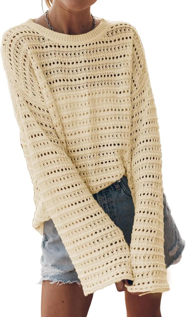 Sidefeel Womens Fall Sweaters 2025 Lightweight Casual Long Sleeve Crochet Hollow Out Knit Pullover Tops Clothing (Medium, Apricot)