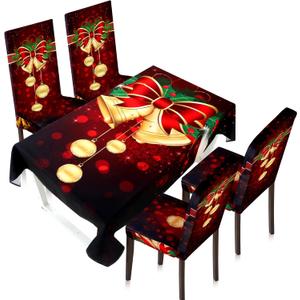 Moukeren 5 Pcs Christmas Tablecloth Chair Covers Set Removable Washable Christmas Table Cover with 4 Stretch Xmas Seat Slip Covers for Home Hotel Dining Room Xmas Banquet Wedding Party Decor