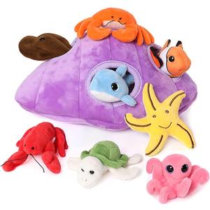 Muiteiur Plush Soft Ocean Animals Set with Plush Sea Shell House Includes Stuffed Turtle, Lobster, Crab, Dolphin, Devil Fish, Octopus, Starfish, Clownfish (Multicolor, 8 Piece)