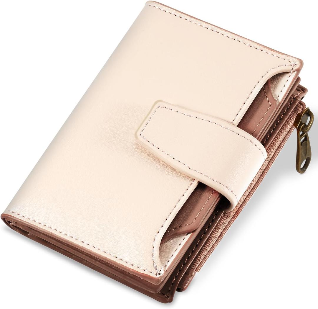 Small Wallet Women RFID Blocking Soft Leather Bifold Compact Card Holder Wallet for Women with Zipper Coin Pocket 4 ID Window (Colorblock - Apricot/Brown)
