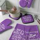 Sratte 6 Pcs Kitchen Decor Accessories Set Farmhouse Towels Pot Holders Oven Mitts Set 2 Dish Towels 2 Potholders 2 Cooking Mittens Oven Glove for Christmas Baking Cooking (Purple,Kitchen)
