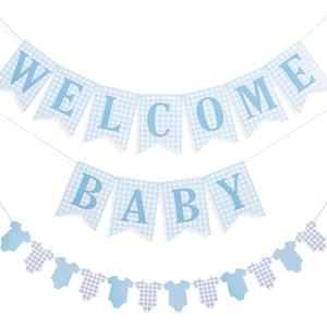Baby Boy Baby Shower Banner, 2 PCS Pre-strung Blue Gingham Welcome Baby and Body Cloth Banner for Baby Boy Shower Party Decoration (Welcome Baby-Bodysuits)