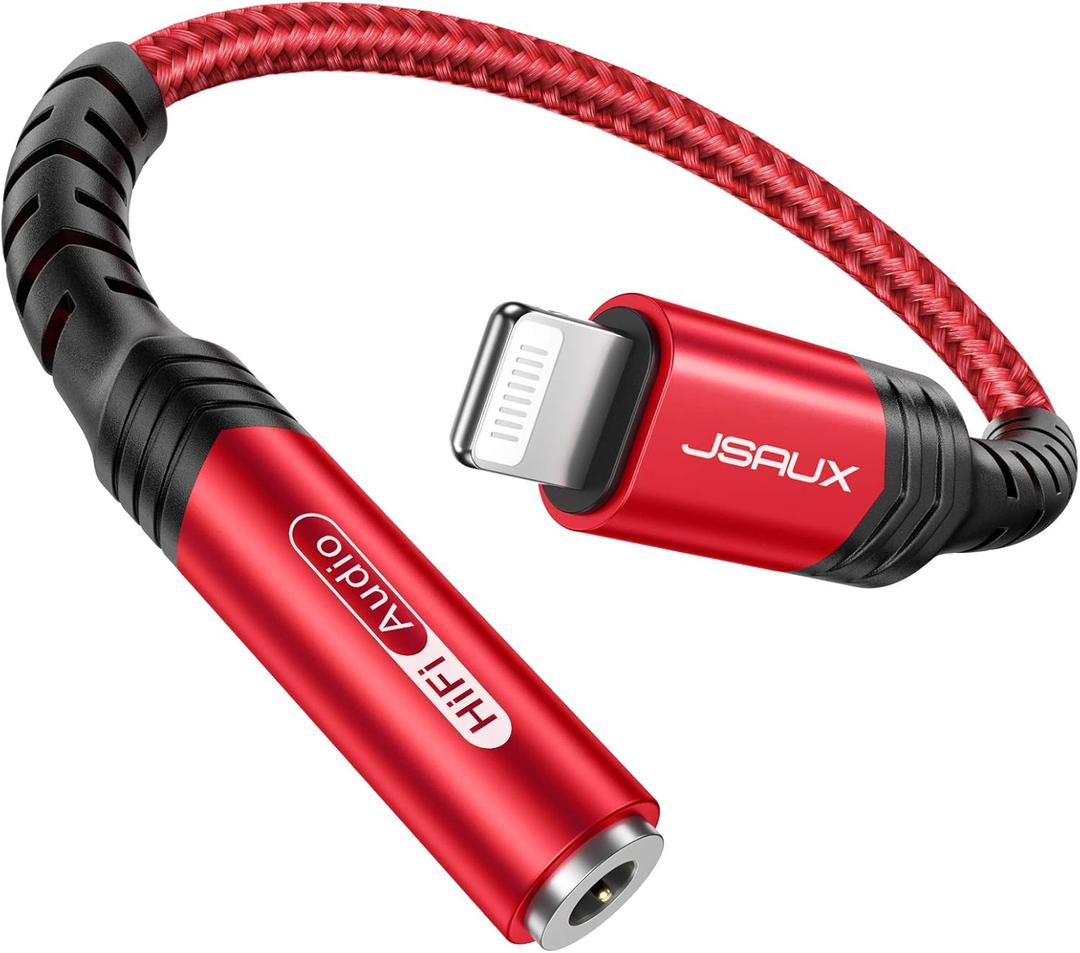 JSAUX Headphone Adapter for iPhone Lightning to 3.5mm Adapter [Apple MFi Certified] Compatible with iPhone 14 Pro Max/14 Plus/13 12 11 Pro Max/SE/XS-Red