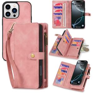 TwoHead Wallet Case Compatible with iPhone 16 Pro Max,Detachable Magnetic Phone Case,PU Leather All-Round Protective Case Wallet with Card Holder/Change Pocket,6.9 in,Pink