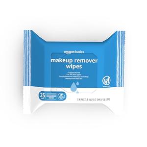 Amazon Basics Makeup Remover Wipes, Fragrance-Free, Alcohol-Free, Gentle Cleansing, Plant-Based, Dermatologist Tested, Removes Waterproof Mascara, Resealable, 25 Count, 1-Pack
