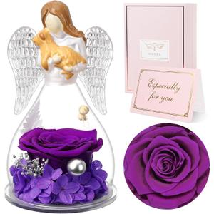 Sunia Memorial Dog Gift - Glass Angel & Dog Figurine with Real Preserved Rose, Sympathy Gifts for,Mothers Day Christmas Birthday Gift for Women Mom