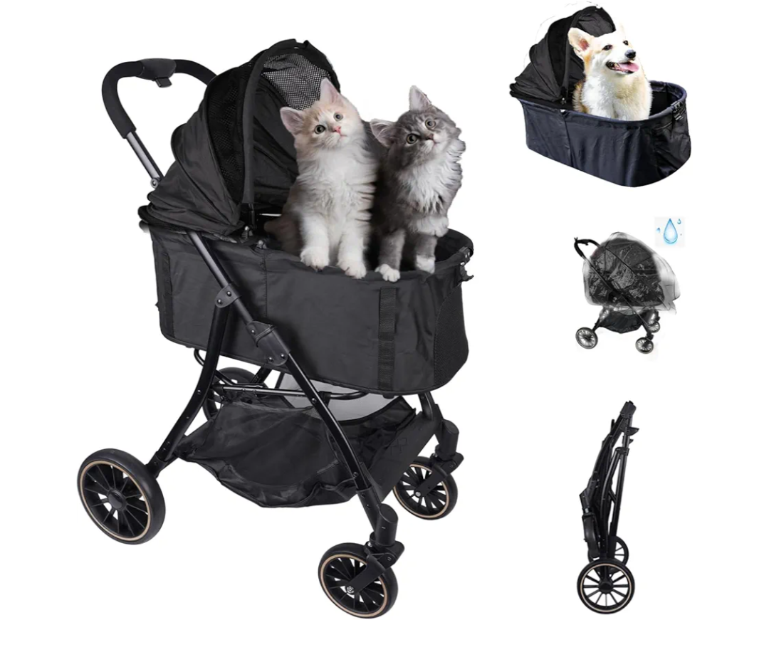 ​JXMIYACOO 4-Wheel Cat Stroller for 2-3 Pets, Lightweight Foldable Travel Carrier with 7" Wheels - Black, 3-in-1 Design for Outdoor Adventures