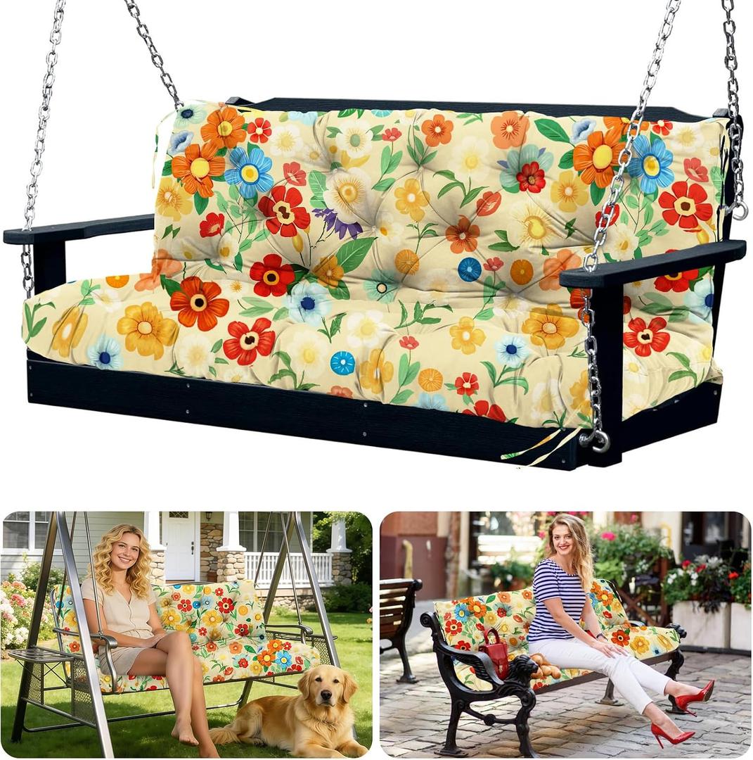 Porch Swing Cushions 3 Seater Replacement Thicken 5" Waterproof & Fade Resistant Swing Cushions for Outdoor Furniture Bench Patio Swing Cushion with Backrest & Ties(Color Floral 60x40x5inch)