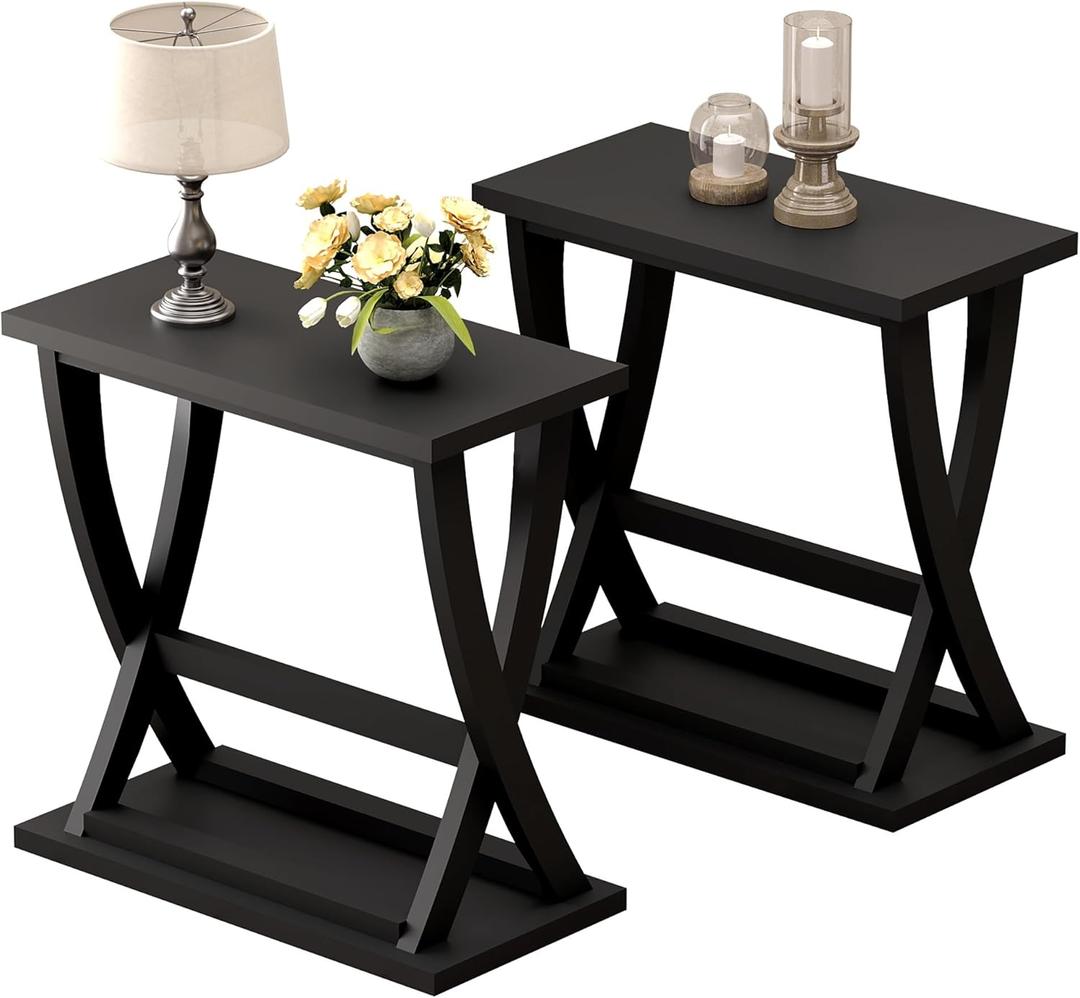 ChooChoo Black End Tables Living Room Set of 2, Narrow Side Table with Storage Shelf, Modern X-Design Slim End Table for Living Room, 11.8" D*23.6" W*23.4" D