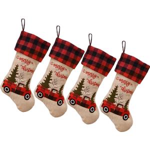 XIUSHE 4PCS Burlap Christmas Stockings Xmas Fireplace Hanging Stockings,Truck Christmas Buffalo Plaid Stocking Classic Stocking for Family Xmas Decoration Holiday Season Party Decor (4,Plaid Style)
