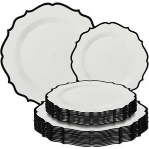 Contemporary Collection Combo White Plates with Black Rim - 7.5" - 10.5" (Pack of 32) - Sleek Modern Design - Perfect for Entertaining & Everyday Use
