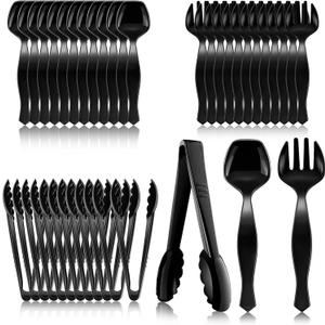 Mwellewm 36Pcs Plastic Serving Utensils Set Large Disposable Serving Spoons Forks Tongs for Serving Food 8.5'' Heavy Duty Black Large Party Utensils Supplies for Buffet Restaurant Dinner Salad Soup